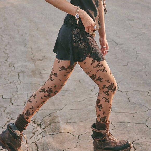 FREE PEOPLE Flocked Floral Tights Sheer Brown Size M/L - Picture 4 of 6
